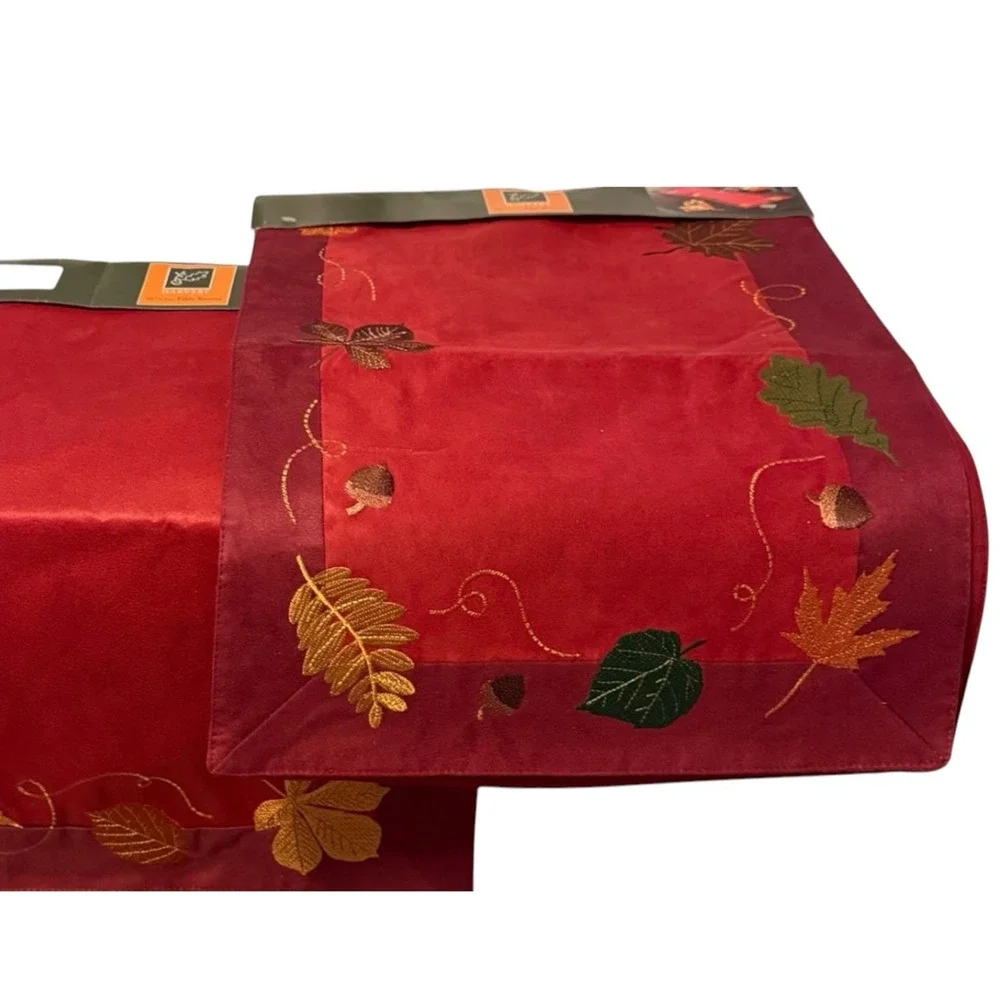 Fall Home Decor Table Runner Set of 2 Embroidered Leave Lined Microsuede 36